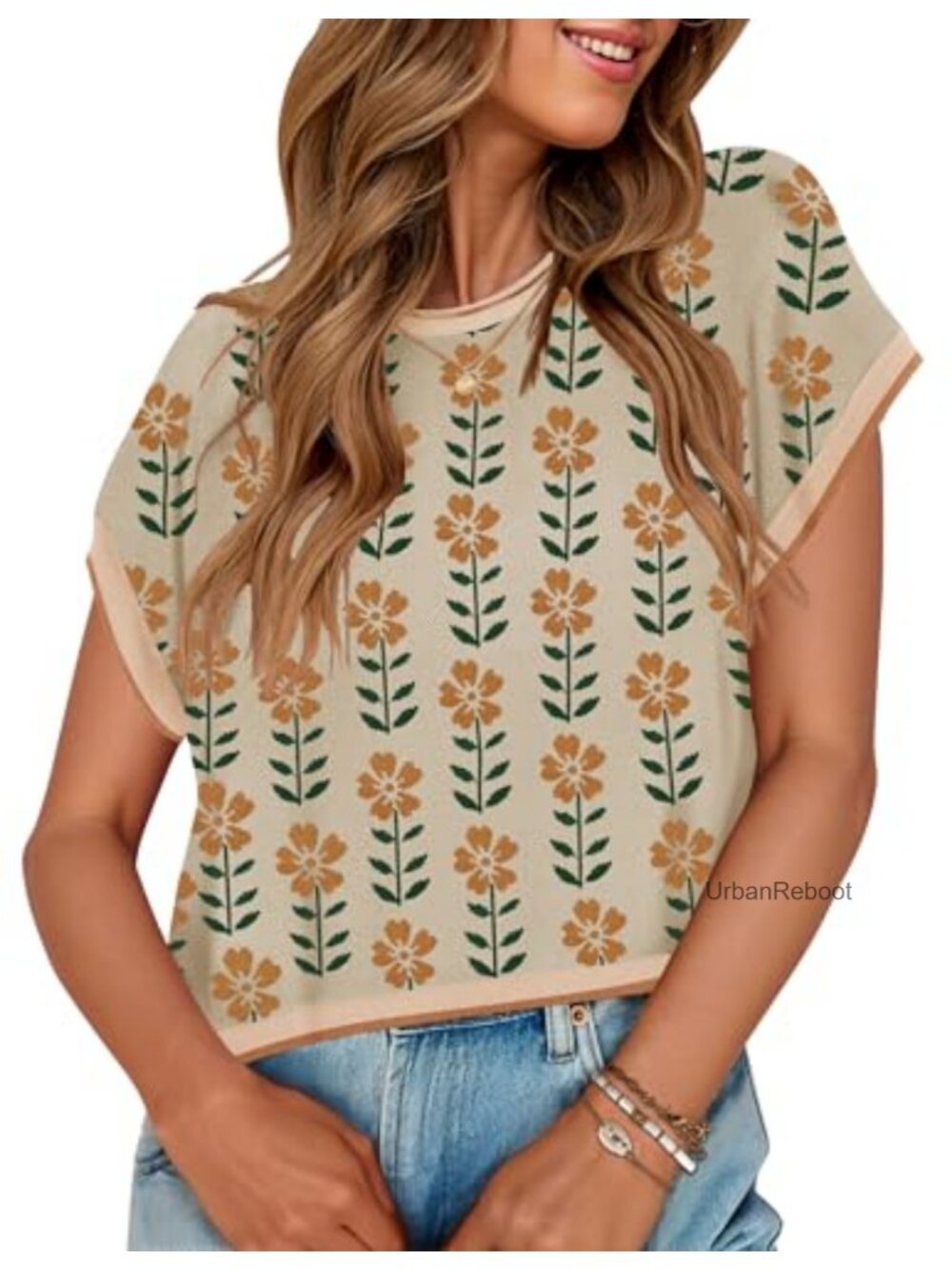 ZESICA Women's Summer Floral Print Short Sleeve Knit Sweater Vest